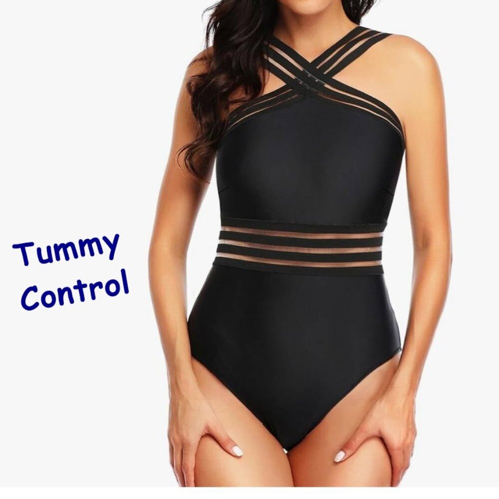 NWT Tempt Me Tummy Control Crisscross One-Piece Black Swimsuit Size Medium